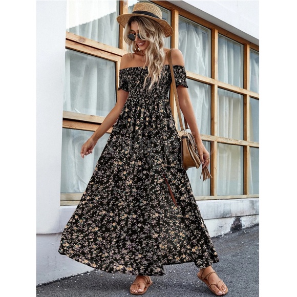 Ditsy Floral Off Shoulder Black Shirred Top Maxi Dress Leg Slit Flowy, Long - Picture 4 of 7